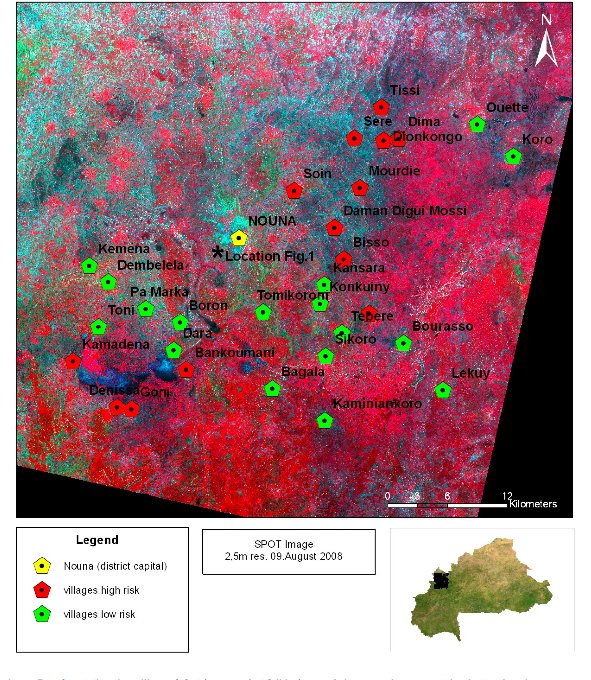 Fig. 3 Villages with similar land cover risk in their 500 m buffer zones Fig. 3 Villages with similar land cover risk in their 500 m buffer zones
